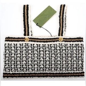 NEW GUCCI LADIES BLACK WHITE GOLD BUTTONS CROCHET-KNIT COTTON SILK TOP MEDIUM